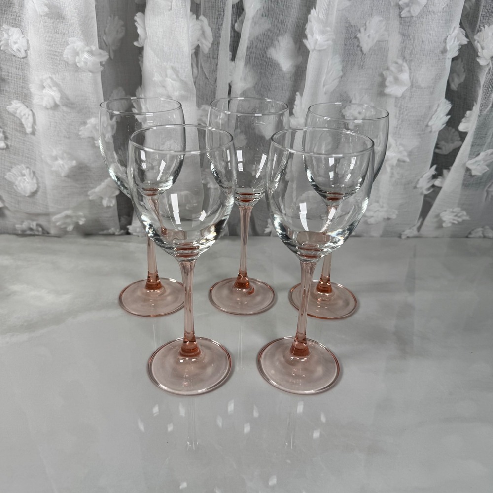 Vtg Luminarc France Pink Stem Wine Glasses Goblets Set of 5 Stemware Home Bar